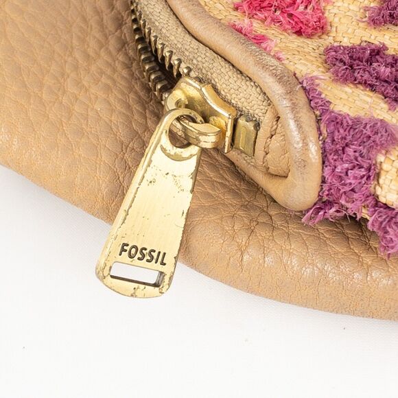 Fossil Purse Preston Leather Straw Fold-Over Pouch with Wristlet Tan Pink Purple - Picture 3 of 16